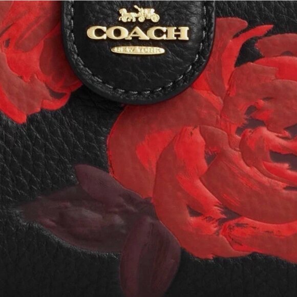 New Coach CCL63 Medium Corner Zip Wallet with Floral Print Black / Red - Picture 4 of 4